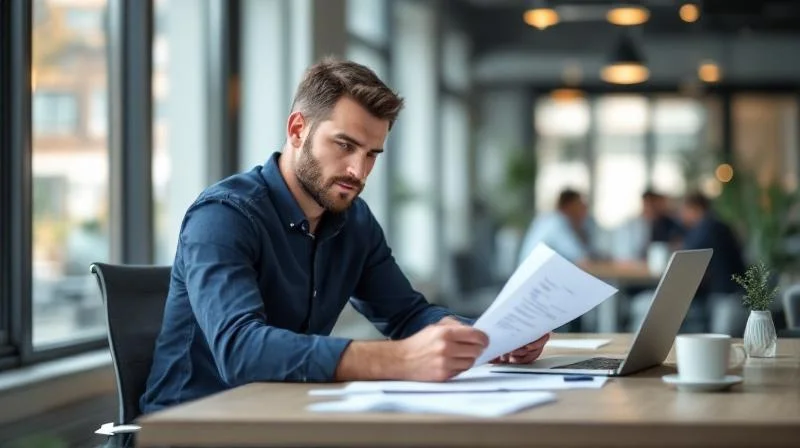 Mann studiert Unterlagen an einem aufgeraeumten Schreibtisch in einem modernen Büro in Göttingen