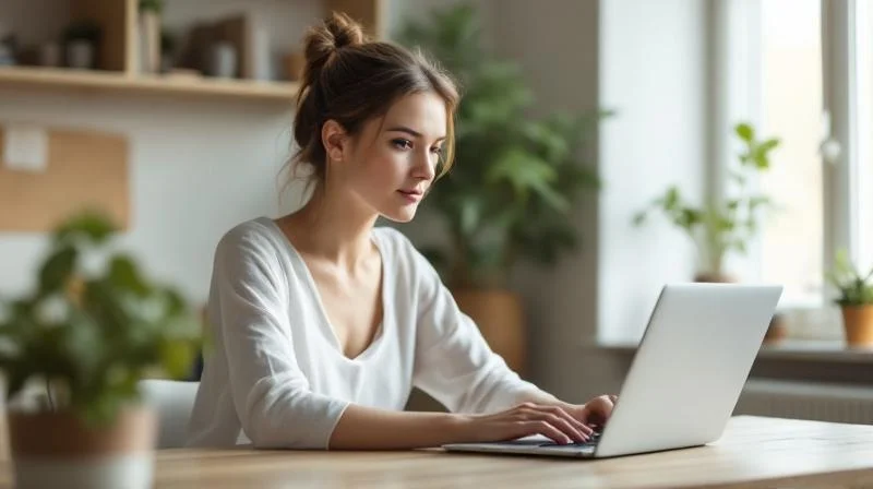 Frau arbeitet am Laptop in einem modernen Arbeitsbereich in Göttingen