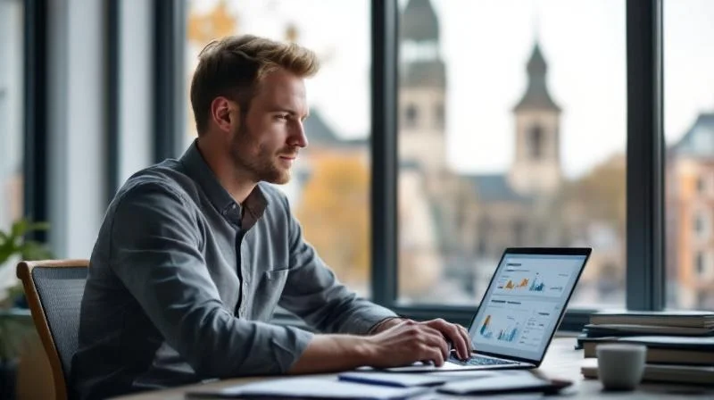 Quereinsteiger arbeitet im Buero in Goettingen am Laptop mit Forschungs-Atmosphaere