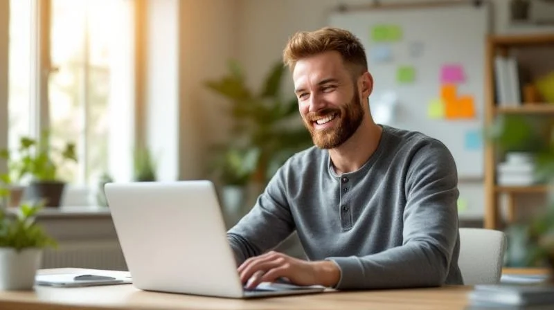 Mann arbeitet konzentriert am Laptop in einem hellen Raum in Göttingen