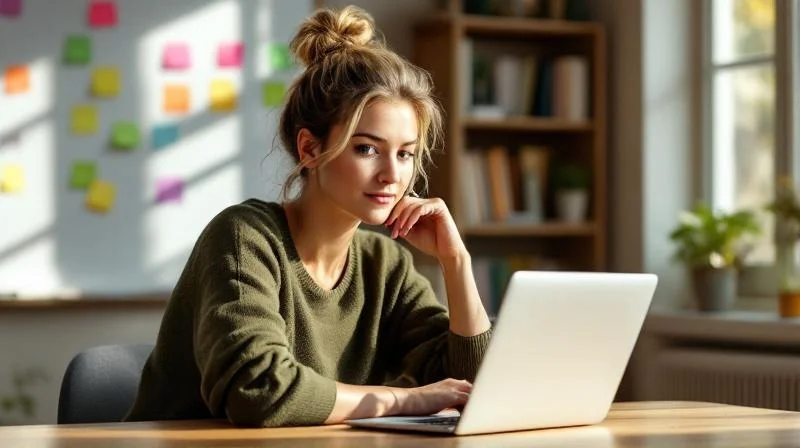 Frau arbeitet am Laptop in einem hellen Raum mit Blick auf die Göttinger Altstadt