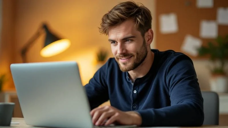 Mann lernt am Laptop für den Wirtschaftsfachwirt in einem hellen Büro in Göttingen